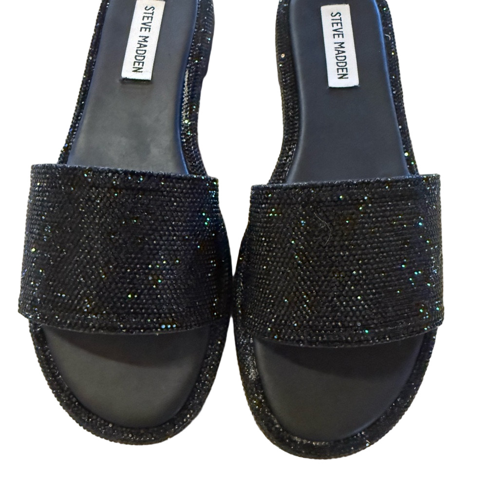 Steve Madden Achieve Black Rhinestone Glittering Silver Slide Sandals Size 8.5